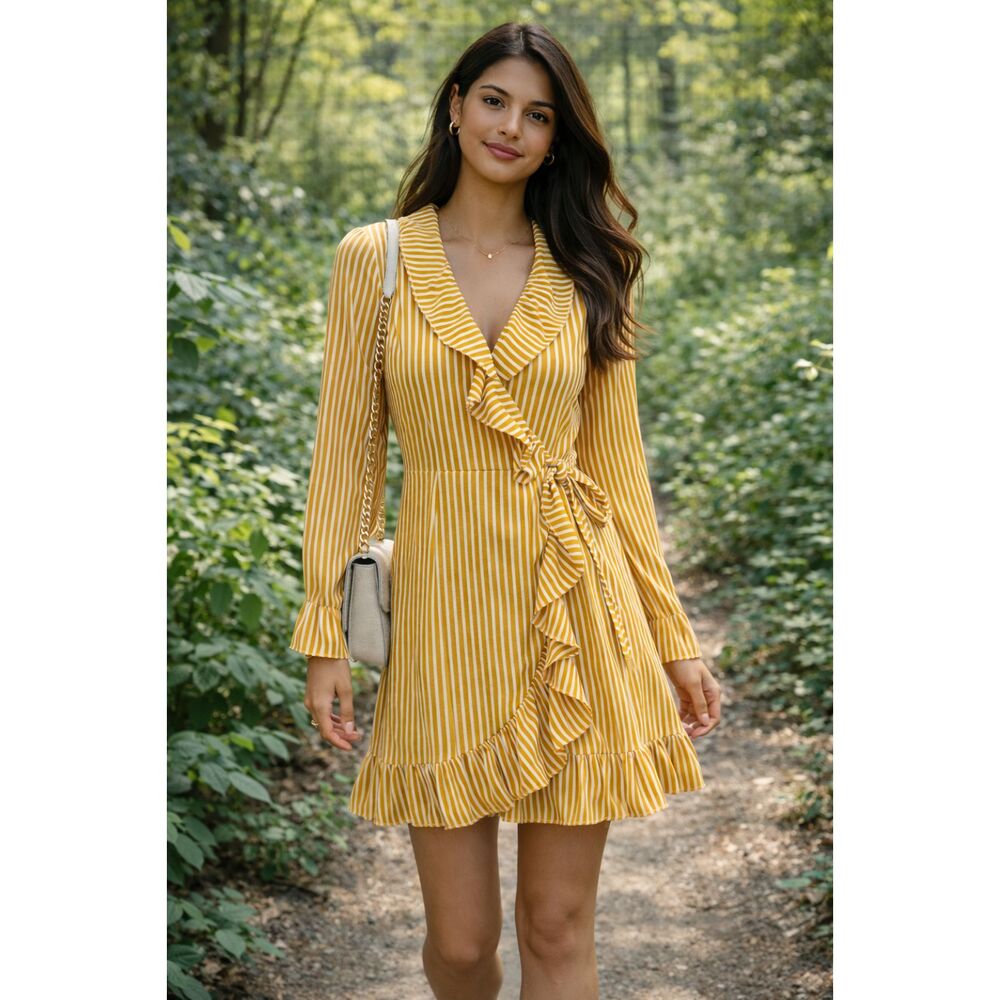 Mustard White Striped Ruffle Wrap Dress Large Long Sleeve Tie Front